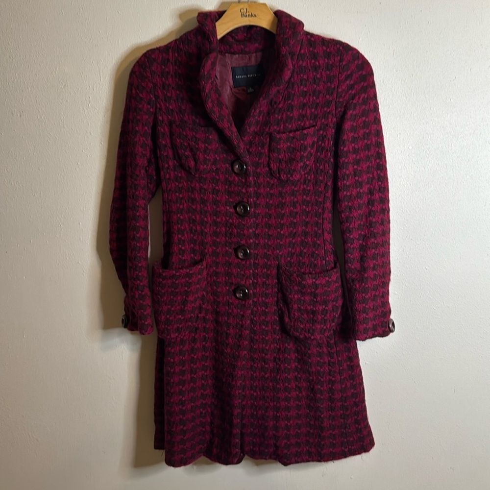 Banana Republic Pink and Purple Houndstooth Long Line Wool Coat Sz S